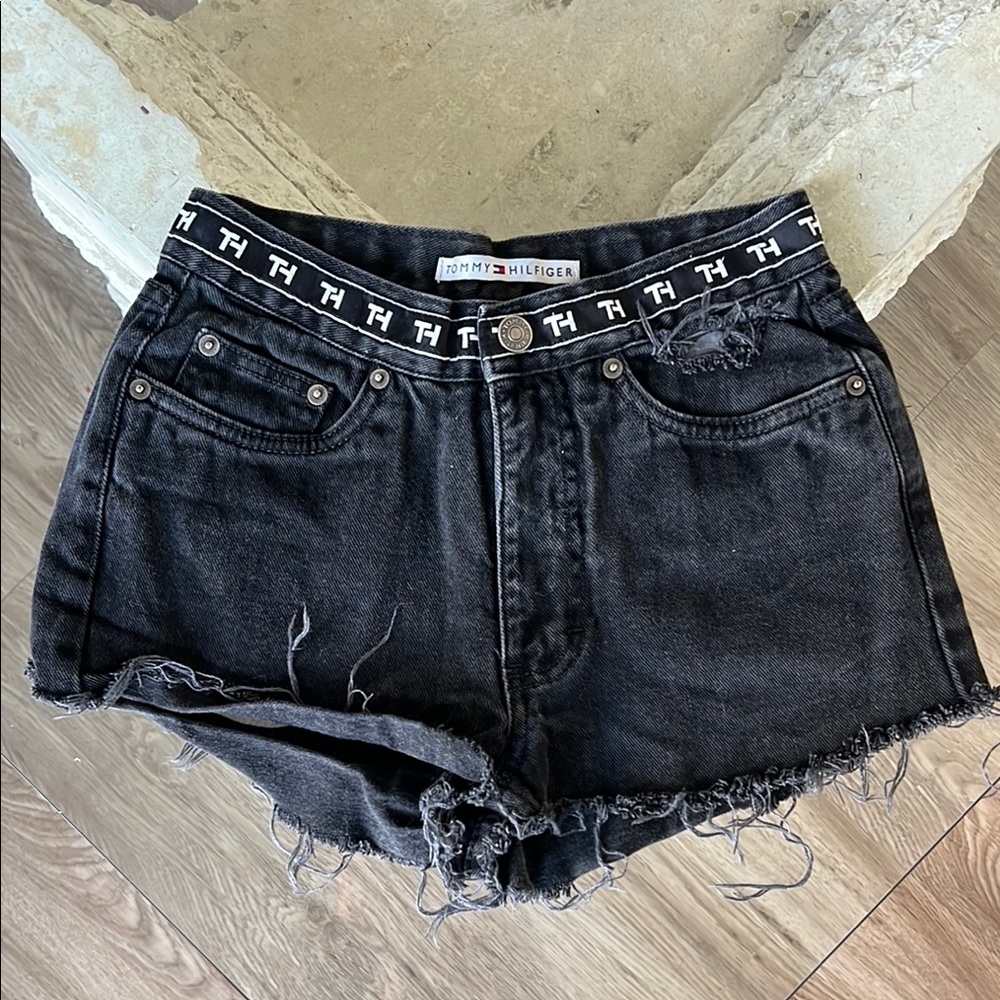 Tommy Hilfiger Black Jean Shorts with Frayed Hem and Branded Waistband